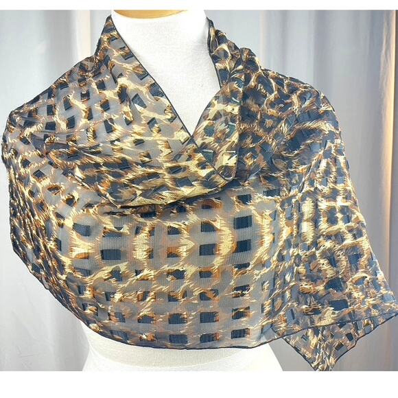 Animal Leopard Print‎ Silky Scarf (60”x15”) Rectangle Sheer Metallic Gold Thread - Picture 1 of 6